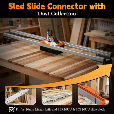20Mm Linear Rail Router Sled Slide Connector With Dust Collection on woodworking table in workshop