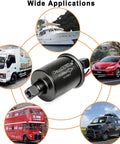 12V Universal Electric Fuel Pump With 5 To 9 PSI Output And 30 GPH Flow For Gasoline And Diesel Transfer, shown with vehicle applications