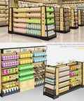 Heavy Duty Four Tier Metal Storage Shelves Double Sided Adjustable Supermarket Rack displaying food items in a retail space.