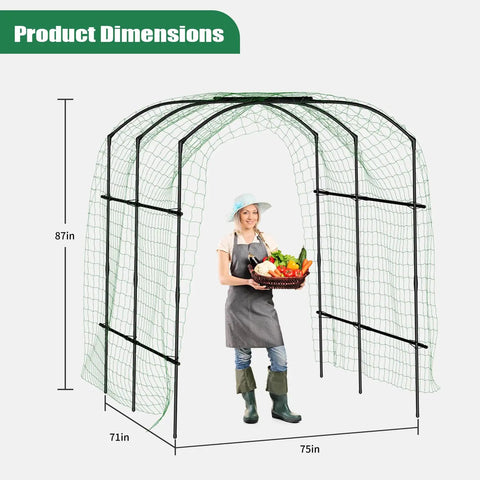 Metal Core Garden Arch Trellis For Climbing Plants Outdoor 87 Inch Tall 71 Inch Long 75 Inch Wide Archway Tunnel with woman