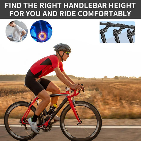 Cyclist riding with Adjustable Bike Stem Riser Handlebar Extender That Boosts Your Ride Up To Five Point Two Inches Rise