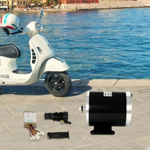 Beefy 800W Brushed Motor Kit For Electric Bikes Scooters Skateboards And Trikes 36V System displayed by a scooter near water