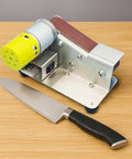 Heavy Duty Mini Electric Belt Sander Grinder Set For Benchtop Use With Polishing Wheel And Grinding Discs. Includes 10 Sanding Belts with knife.