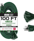 100ft Green Outdoor Extension Cord With 3 Outlets 3 Prong, 16/3 SJTW All Weather Heavy Duty Power Cable, package and plug details