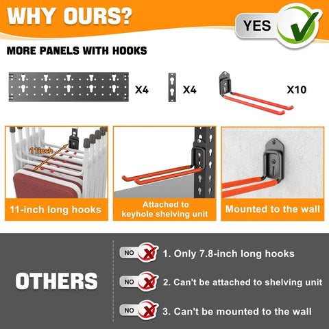 Wall Mount Garden Tool Organizer And Garage Space Saver Storage Rack For Shovels Rakes Brooms Ladders And Folding Chairs Keep Your Space Clutter Free With Keyhole Shelving Compatibility And Easy Hanging Hooks with 11-inch double-prong hooks and panels