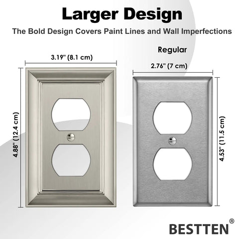 10 Pack Satin Nickel 1 Gang Zinc Alloy Duplex Wall Plate Grand Collection Metal Decorative Receptacle Outlet Cover Durable Solid Build Dope Upgrade For Your Home, shown in a size comparison with regular wall plate