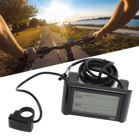 Ride Ready S900 Electric Bike Display Upgrade For 36V And 48V EBike LCD Meter with 5 Pin Waterproof Socket shown near cyclist view.