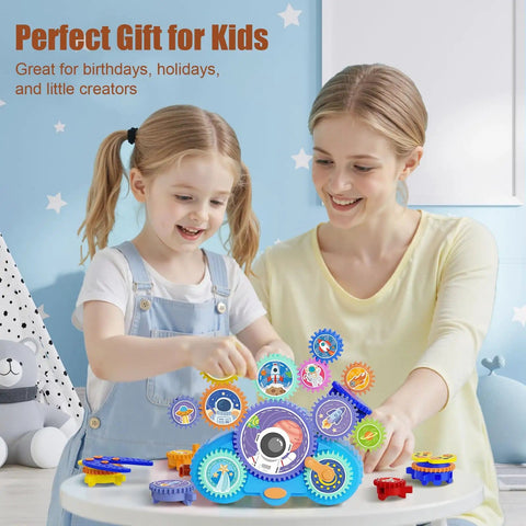 Mother and daughter playing with Space Capsule STEM Gear Toy Set For Kids 3 Plus 18 Colorful Gears Dual Electric And Manual Modes