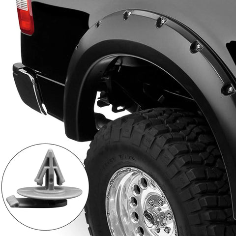 Car with installed fender showcasing 25Pcs Wheel Arch Trim Clips For Mini Cooper R50 R52 R53 R56 Exterior Plastic Fender Clips Replacement OEM Style Grey, Easy Install, Durable Clip Set For Fender Trim And Body Panel Seams
