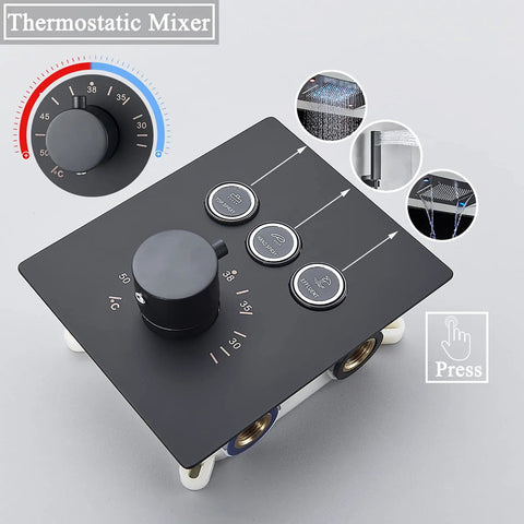 Thermostatic mixer with control knobs for Straight Fire Black Shower System With Switchable Led Color Changing Lights And Wide Spray Rain Head Paired With Nifty Handheld Sprayer For Dang Smooth Diverter Valve Bathroom Flex.
