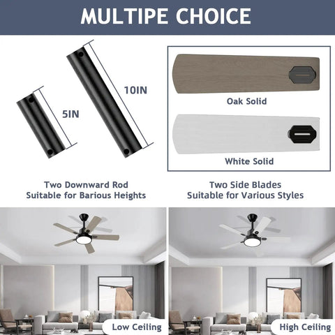 52 Inch Ceiling Fan With Light And Remote showing two blade finishes and mounting options for different ceiling heights.