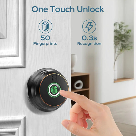 Top Tier Fingerprint Deadbolt Smart Lock With Bluetooth App Control And Steel Keys For Main Entrance with fingerprint scanner and hand.