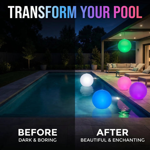 Solar Floating Pool Lights 2 Pack 14 Inch Auto Color Changing LED Light Balls illuminating a pool at night, before and after view.