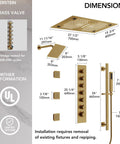 Dimensions diagram of Luxury Ceiling Mount Shower System With Integrated Bluetooth Music Player And Brushed Gold Rainfall Panel.