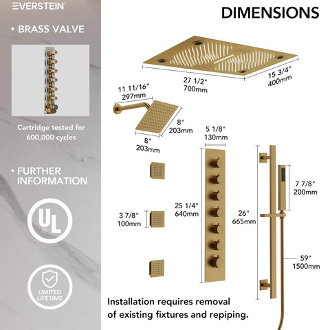 Dimensions diagram of Luxury Ceiling Mount Shower System With Integrated Bluetooth Music Player And Brushed Gold Rainfall Panel.