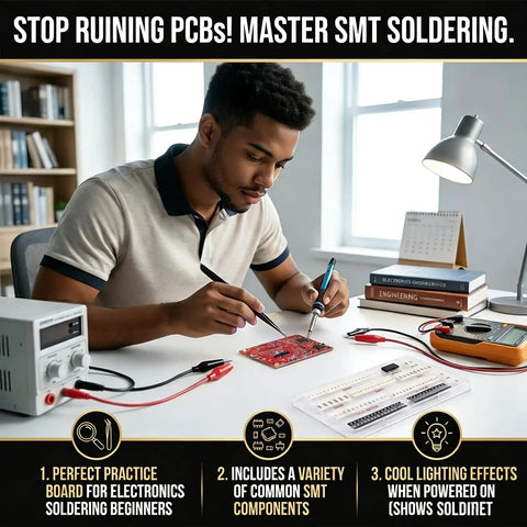 Man practicing soldering on a DIY SMD SMT Welding Practice Board For Soldering Skill Training with equipment in a workshop.