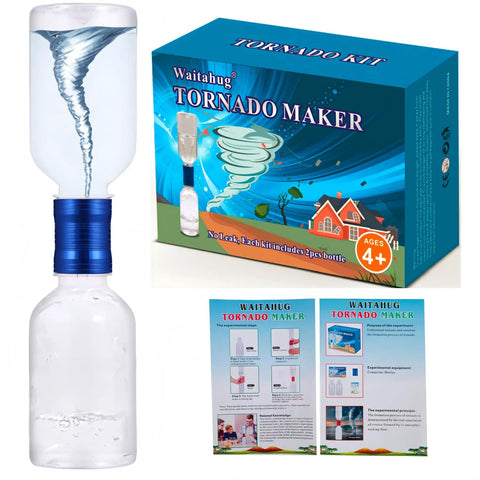 Tornado Maker Weather Toy Set With Ultra Light Aluminum Tube Watertight Tornado Kit For Kids Includes Two Empty Bottles Blue Totally Hands-On Weather Experiments And STEM Play displayed with packaging and instructions.
