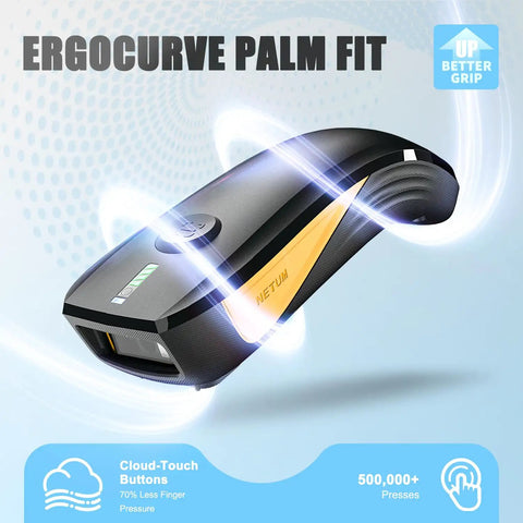 Upgraded Wireless QR Code Scanner For Inventory Management A Pocket Size Bluetooth And Two Point Four G Wireless Barcode Reader For 1D And 2D Scanning On Tablets Android iOS PC And POS Systems, shown with ergonomic design and cloud-touch buttons.