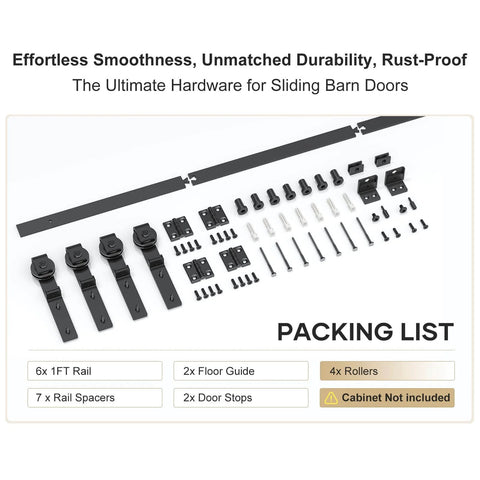 6 Ft Mini Cabinet Bi Folding Sliding Barn Door Hardware Track Kit For 4 Doors, includes rails, rollers, spacers, guides.