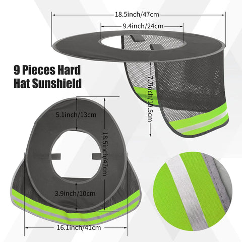 9 Piece Hella Solid Hard Hat Sun Shade With Reflective Strip And Full Brim Mesh Neck Cover For Long Day Shifts Keep Your Face Cool In High Visibility Gray Slick Fit shown from perspective, highlighting dimensions and reflective strip.