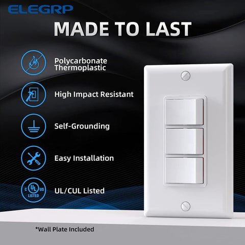 Three Paddle Decorator Rocker Light Switch For In Wall Installation 15A 120V Single Pole Electrical Paddle Self Grounding