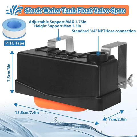 Automatic Stock Tank Float Valve For Livestock Waterer Trough With Safe Auto Water Level Control No More Night Checks Prevents Overfill And Flooding Easy Farm Water Management For Ranch Barn Yard, black plastic float valve with 3/4 inch NPT connection, 18.8cm x 7cm