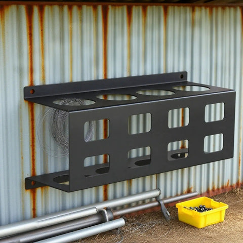 Welding Electrode Storage Wall Mount Organizer with Four Tube Rod Rack, heavy duty steel on metal wall, industrial workshop setting.
