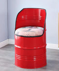 Heavy Duty Steel Barrel Storage Bench With Killer Backrest And Plush Cushion, Straight Up Solid Hidden Compartment Shoe Caddy And Storage Bin For Living Room Entryway Spaces, red with round cushion.