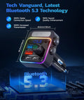 54W Four Port Car Charger With PD36W And QC3 18W Fast Charging Wireless FM Transmitter showcased with Bluetooth 5.3 technology.