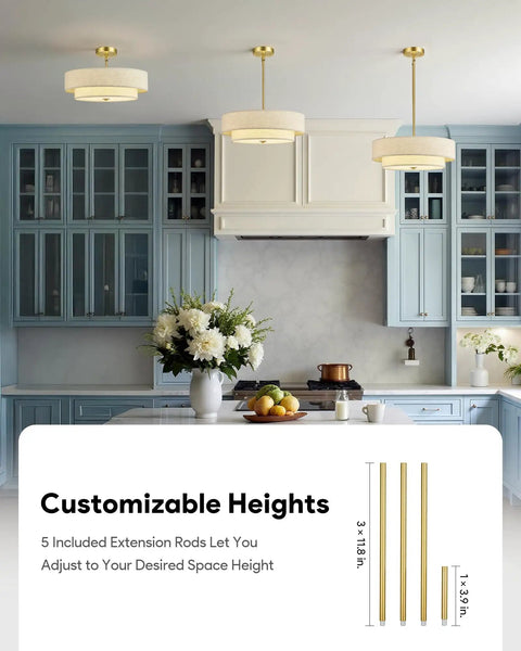 18 Inch Modern Drum Chandelier 4 Light Two Tier Linen Pendant With Brushed Gold Canopy in stylish kitchen setting.