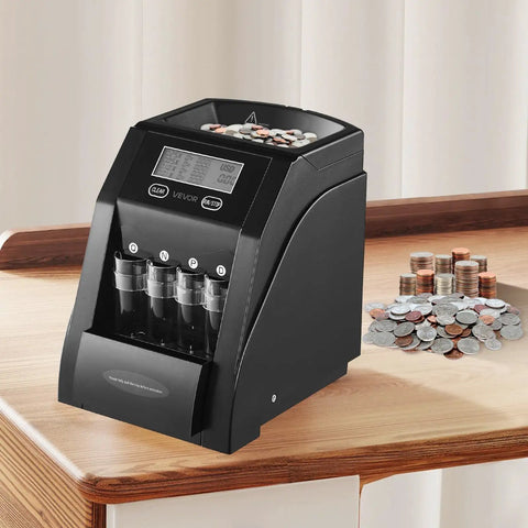 Coin Sorter And Counter Machine For Pennies Nickels Dimes Quarters With LCD Display on desk with coins next to it.