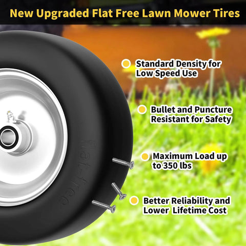 Flat Free 11x4-5 Lawn Mower Front Tires For Zero Turn Mowers, Solid Tire With Three Quarter, Five Eighths And One Half Bearings, 350 Pound Capacity