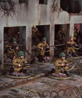 Soviet Army Infantry Platoon 28mm scale plastic miniatures with rifles in urban battle scene for Bolt Action World War II games