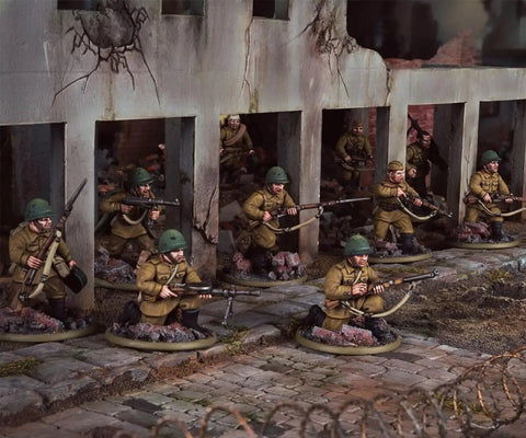 Soviet Army Infantry Platoon 28mm scale plastic miniatures with rifles in urban battle scene for Bolt Action World War II games