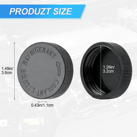 2 Pack Coolant Reservoir Cap Replacement For Universal Radiator Overflow Tank Black Cap With Leak Free Seal Compatible With OEM 21712 79900 Water And Antifreeze System Plug And Play Easy Install For Most Vehicles, shown in product size dimensions.