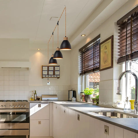 Modern kitchen with Three Light Plug In Pendant Light With Twisted Hemp Rope, 22 Ft Hanging Lamp, Industrial Black Finish