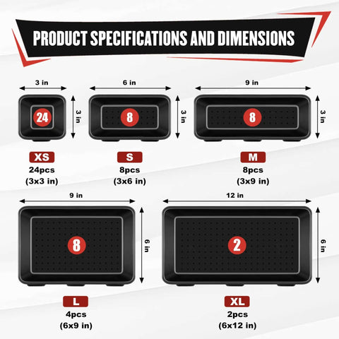 46 Piece Toolbox Organizer Tray Divider Set For Tool Chests, Drawers And Workbenches with five sizes shown in dimensions
