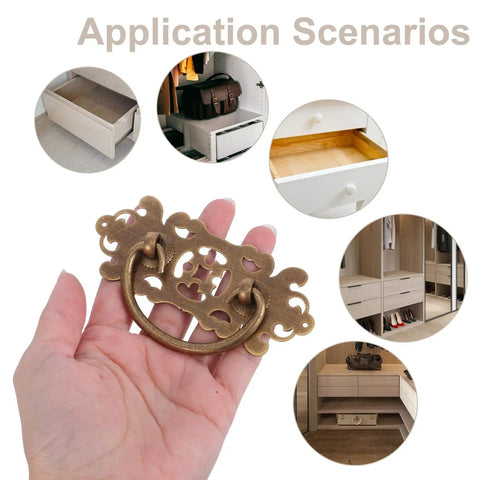 Hand holding Old School Brass Drawer Pulls Set 2 Antique Cabinet Handles Small Retro Hollow Carved Brass Knobs application examples