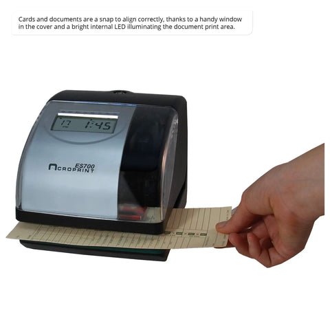 Real Deal Electronic Time Recorder With Battery Backup And Atomic Clock Sync, showing user aligning document for printing.
