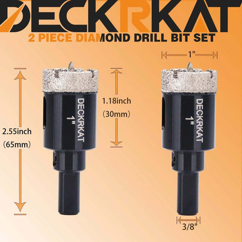 Front view of two 1-inch diamond hole saw bits with pilot drill, DECKRKT brand, 2-pack