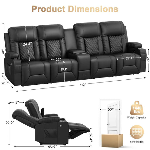 Dimensions of Four Seat Recliner Sofa With Center Console And USB Ports For Easy Charging, Phone Holders, Wall Hugger RV Style Couch