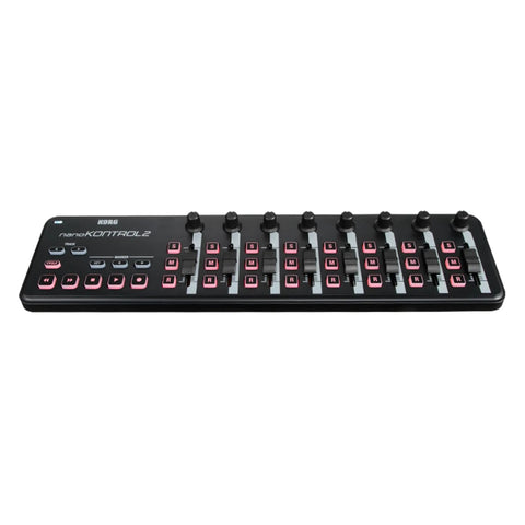Slim Line USB Control Surface For DAWs With Low Profile Design Hands On Track Select And Marker Advance Pro Grade Portable Compact MIDI Controller For Music Production Works With Major DAW Software Black, showing top view with buttons and knobs.