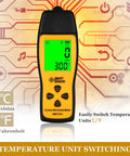 Portable Carbon Monoxide Detector With Temperature Sensor And LCD Backlit Screen, showing 300 ppm reading, temperature unit options.