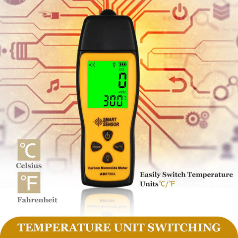 Portable Carbon Monoxide Detector With Temperature Sensor And LCD Backlit Screen, showing 300 ppm reading, temperature unit options.