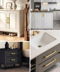 Ten Pack Brass Gold Solid Square Cabinet Pulls And Drawer Handles For Kitchen Cabinets Cupboards And Dressers Three And Three Quarters Inch Length Bar Width About Half Inch Ninety Six Millimeter Center To Center Mount Durable Solid Metal Hardware installed on white cabinet and gray kitchen drawers