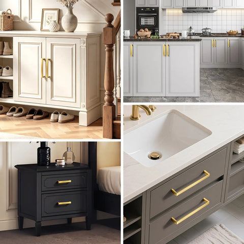Ten Pack Brass Gold Solid Square Cabinet Pulls And Drawer Handles For Kitchen Cabinets Cupboards And Dressers Three And Three Quarters Inch Length Bar Width About Half Inch Ninety Six Millimeter Center To Center Mount Durable Solid Metal Hardware installed on white cabinet and gray kitchen drawers