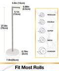 Dimensions of Brushed Nickel Free Standing Toilet Paper Holder With Modern Marble Base SUS304 Stainless Steel shown.