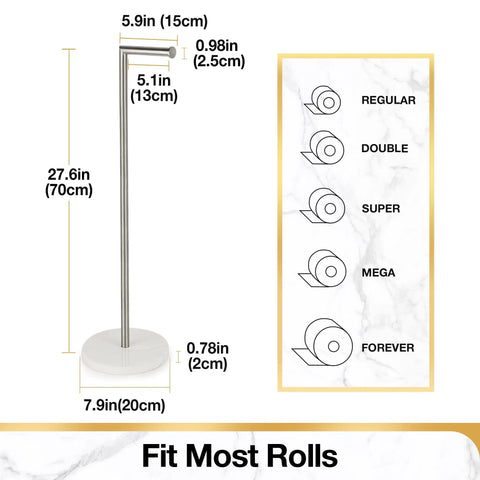 Dimensions of Brushed Nickel Free Standing Toilet Paper Holder With Modern Marble Base SUS304 Stainless Steel shown.