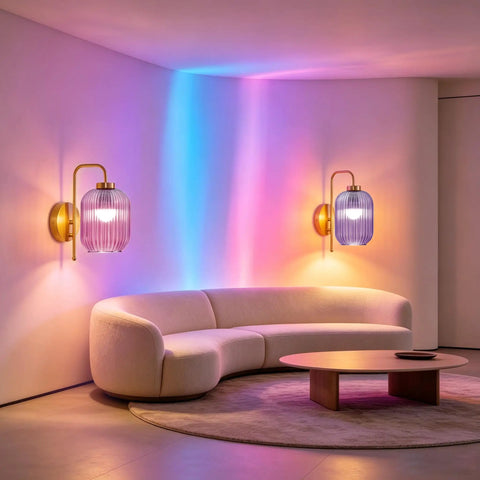 Rechargeable Battery Wall Sconces With Clear Glass Shades, Customizable Rgb Lighting Paired With Seamless Dimmable Levels And Adjustable Color Temperatures, vibrant ambient lighting in modern living room with curved sofa.