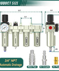 Workhorse Industrial Grade Four Stage Air Drying System with Auto Drain Three Quarter Inch NPT Regulator, dimensions view